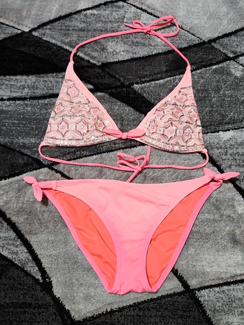 VINTAGE VICTORIA SECRET NEON CORAL SILVER SEQUINS FLORAL EMBROIDERY BIKINI SET